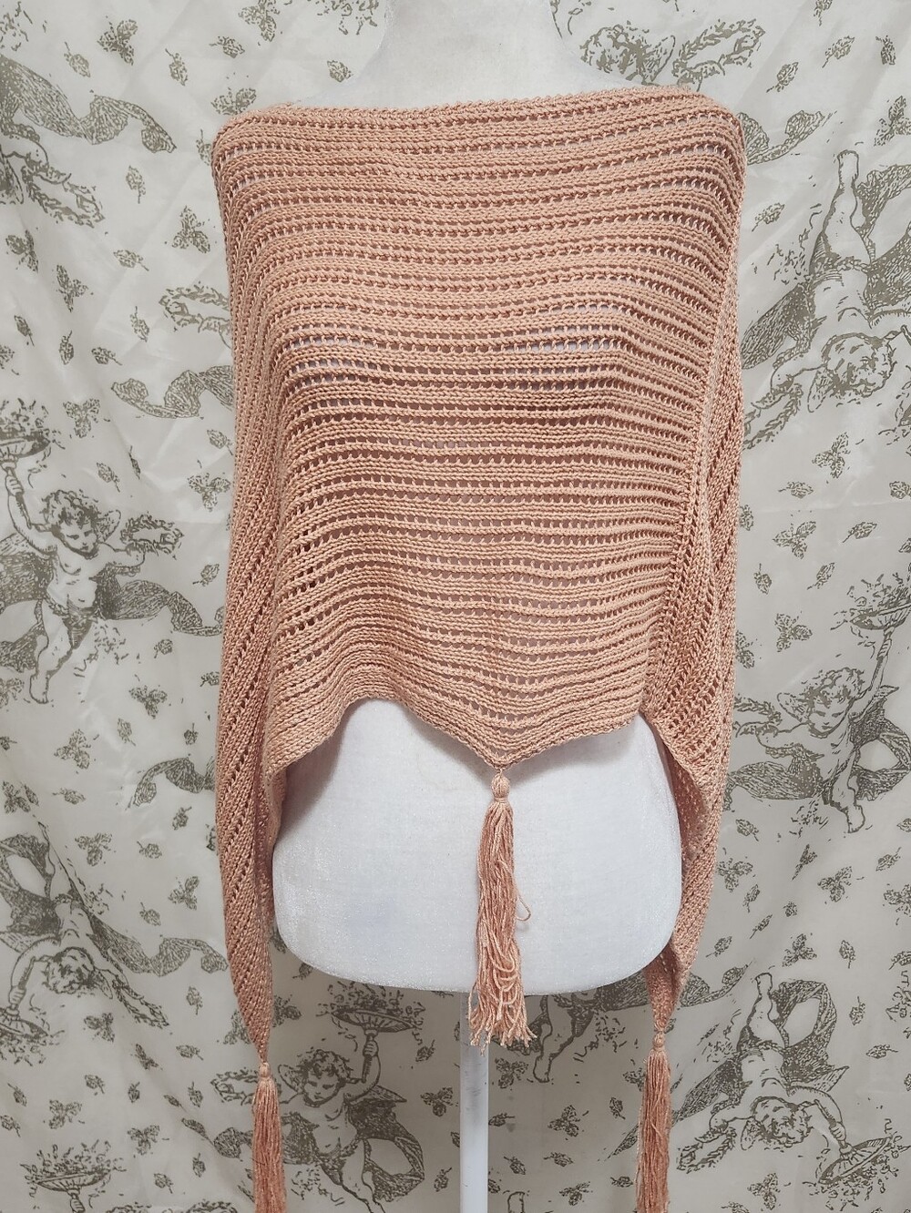 Elizabeth Gillett Boho Open-Knit Tassel Poncho Top - Peach Salmon One Size